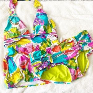 Trina Turk vibrant tropical floral halter top tankini with gold hardware